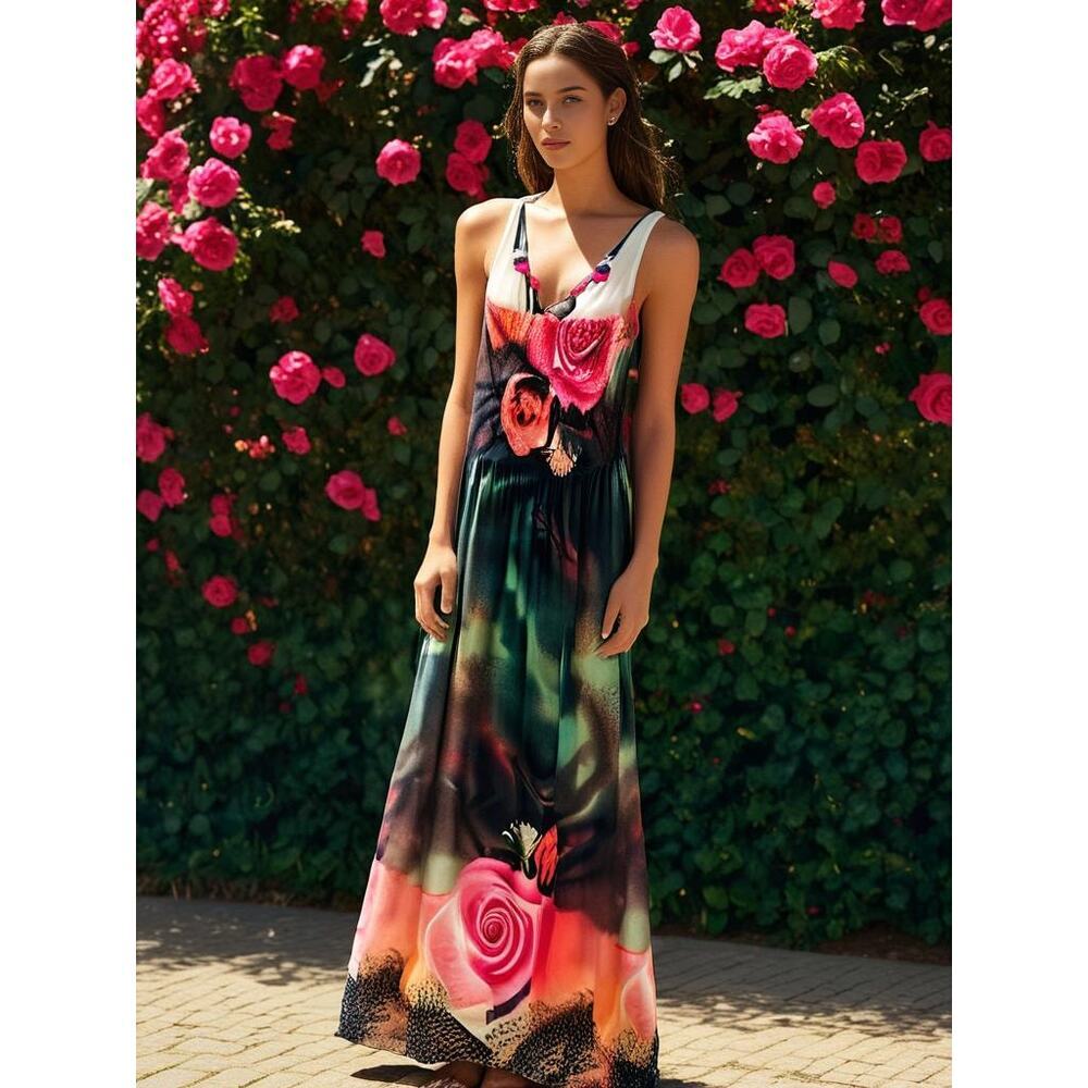 Magic Floral Y2K Floral Halter Maxi Dress Small Smocked Boho Fairy Beach Coastal